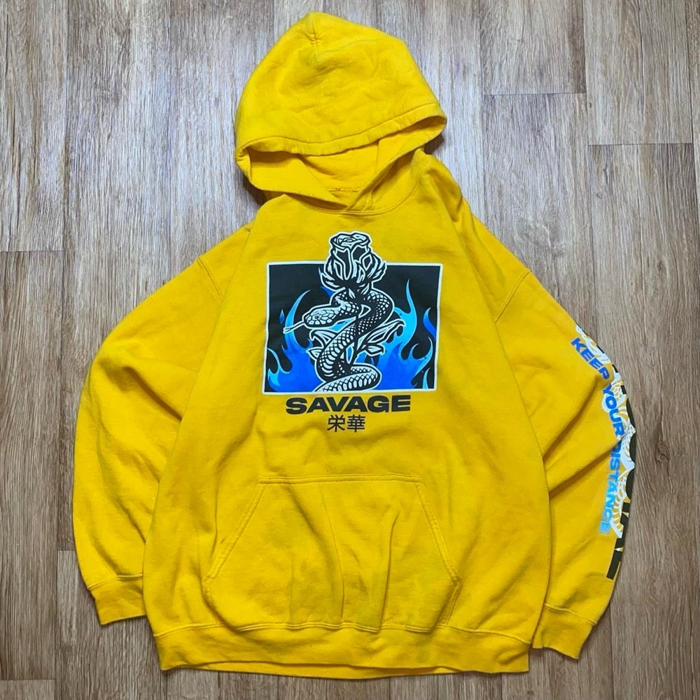 Salvage Yellow Hoodie with Snake and Rose Graphic